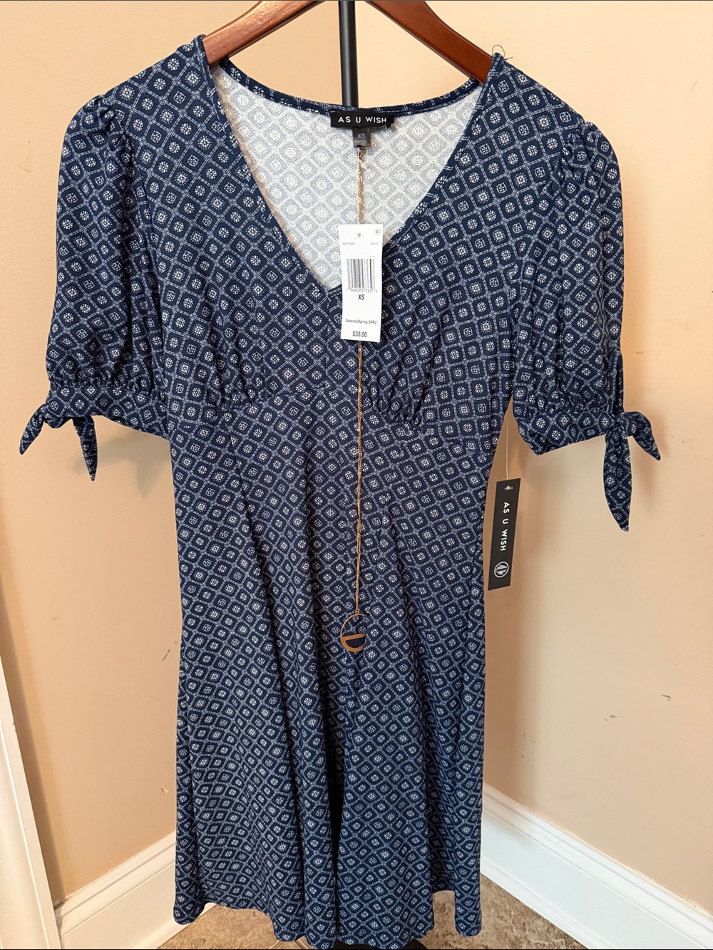 As U Wish Navy Diamond-Print V-Neck Short Sleeve Dress.  Brand new